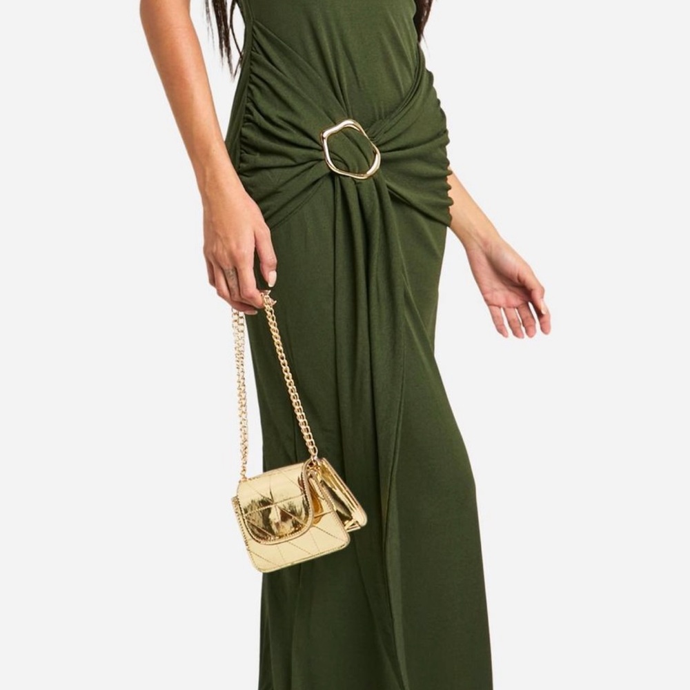 Like new !!Green Maxi Dress with Gold Chain Bag